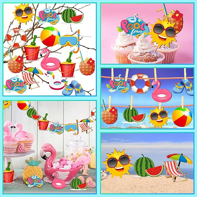 Chunful 36 Pieces Summer Tree Ornaments Christmas in July Wood Hanging Decoration Beach Wooden Slices Winter Tree Ornaments with String for Luau Hawaiian Party Supplies (Pool Style)