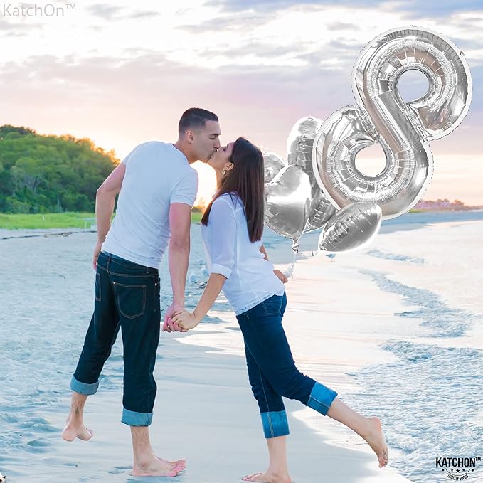 KatchOn, Giant Silver Number 8 Balloon - 40 Inch | 8 Balloon Number for 8th Birthday Decorations Boy | Silver Birthday Decoration | Number 8 Balloons for Birthdays, 8th Birthday Decorations for Girls