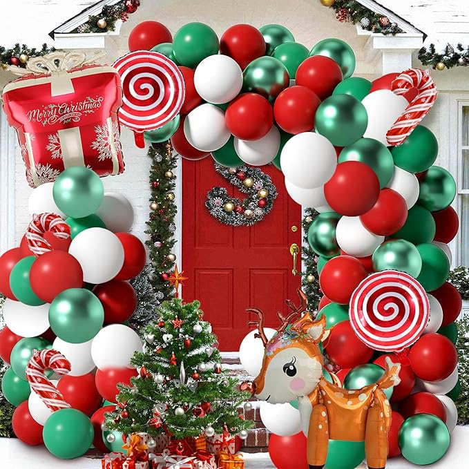 Christmas Balloons Garland Arch Kit, 85 Pcs Red Green White Balloons with Candy Elk Santa Claus Gift Box Mylar Balloons for Candy Theme Baby Shower Birthday Christmas party Decoration