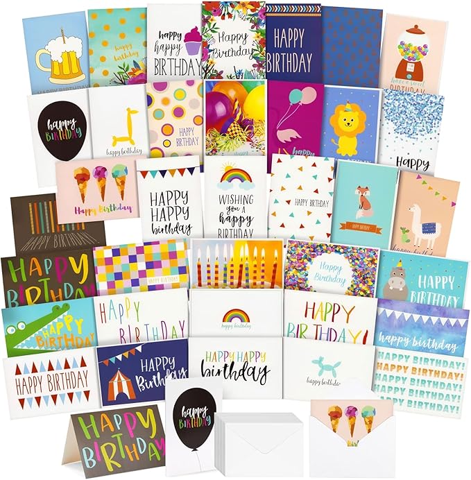 BEST PAPER GREETINGS Birthday Cards - Assorted Birthday Cards Blank Inside - Blank Note & Envelope Pack - 4x6 in, Pack of 36, Multicolor