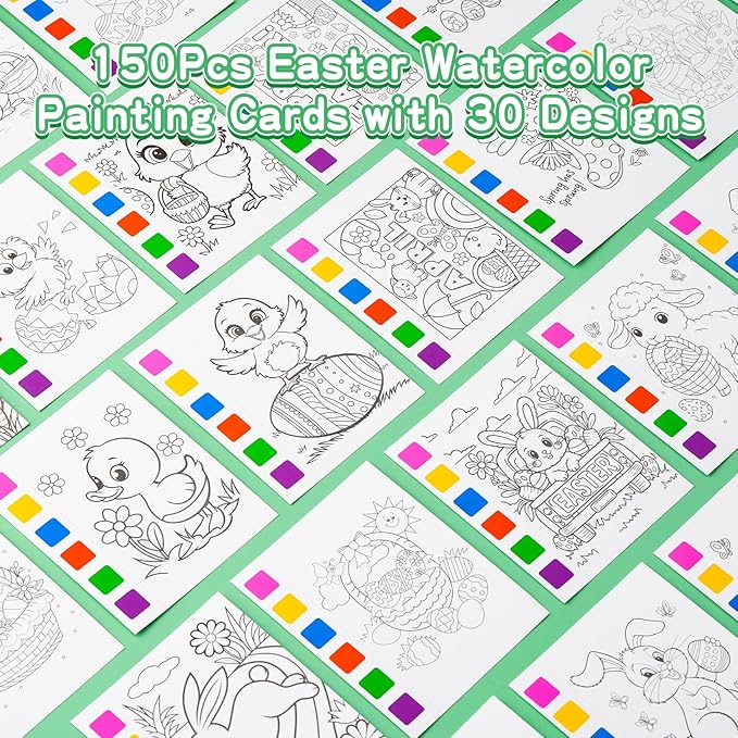 Rotu Easter Basket Stuffers Essentials 30 Packs(274Pcs) Mess Free Watercolor Coloring Books with Easter Cards for Kids, Easter Classroom Gifts for Kids Crafts Games Party Favors for Kids