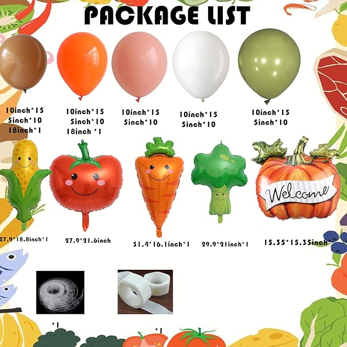 Farmer’s Market Balloon Arch Garland Kit 144PCS Dusty Sage Green Coffee Orange Latex Balloons with Vegetable Foil Balloons for Home Grown Baby Shower First Birthday Bridal shower Party Decor