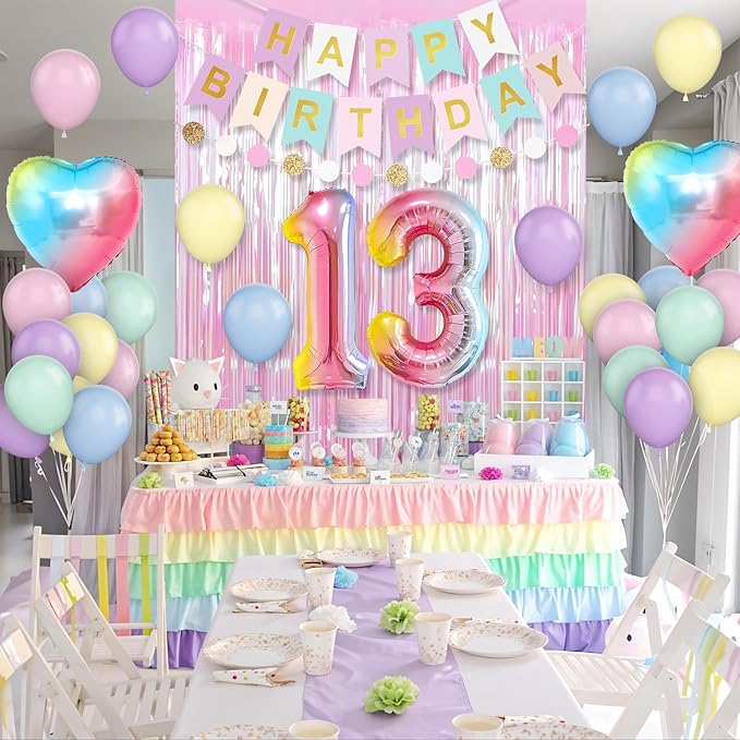 13th Birthday Decorations Rainbow,Gradient Number 13 Balloon,Pastel Happy Birthday Banner Fringe Curtain Heart Foil Balloons Boys Girls 13 Year Old Decor