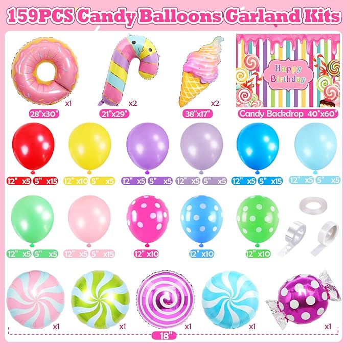 159 Candyland Party Decorations Two Sweet Birthday Party Supplies, Colorful Ice Cream Donut Balloon Arch Garland Kit Backdrop, Kid Girl Candy Party Decor