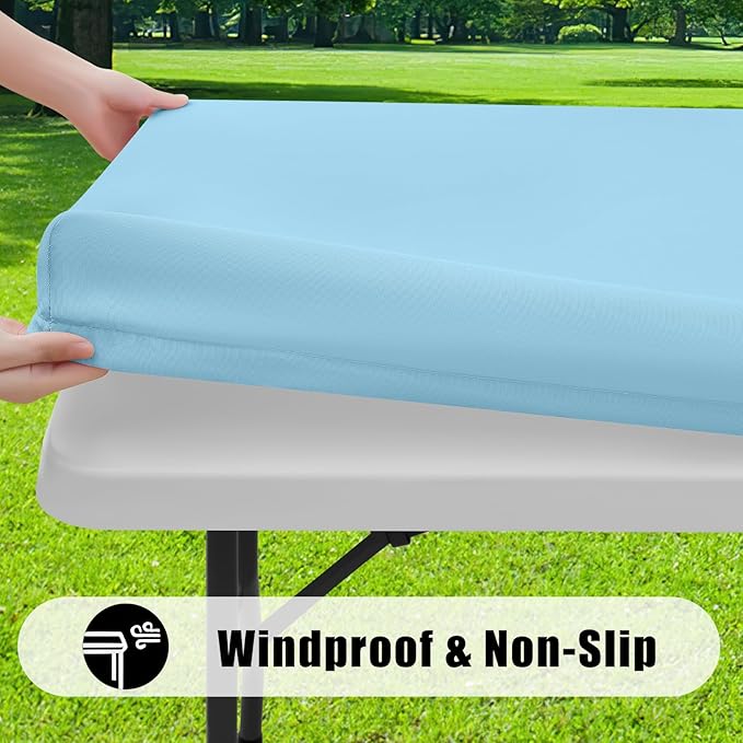 Smiry 2 Pack Rectangle Picnic Table Cloth, Waterproof Elastic Fitted Tablecloths, Washable Polyester Rectangular Patio Table Cover for Camping, Indoor and Outdoor (Light Blue, 30"x72")