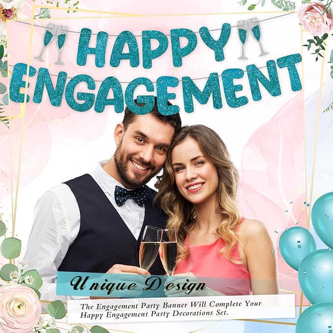 Breling Pre Strung Happy Engagement Banner Glitter Engagement Party Decorations for Congratulations Engaged Wedding Shower Signs Decor(Teal)