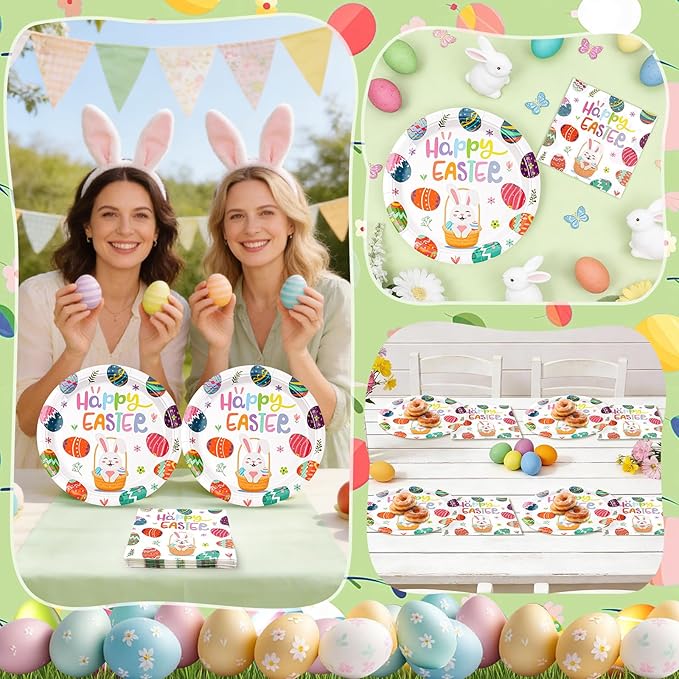 Easter Plates and Napkins Set for 20 Guests - 40 Pcs Disposable Easter Dinnerware, 9 Inch Colorful Egg & Bunny Paper Plates 20pcs and Napkins 20pcs for Dinner, Spring Party Decorations