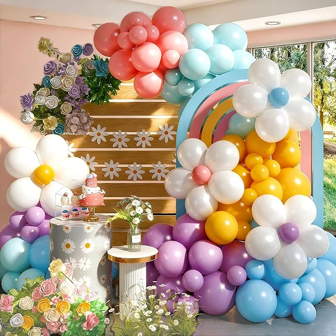 Balloon Garland Kit Blue Teal Dusty Pink, 119 PCS Baby Blue Teal Retro Blush Pink Purple Yellow Balloon Arch with Flower Balloon DIY Kit, Different Sizes Balloons for Groovy Birthday Party Decorations