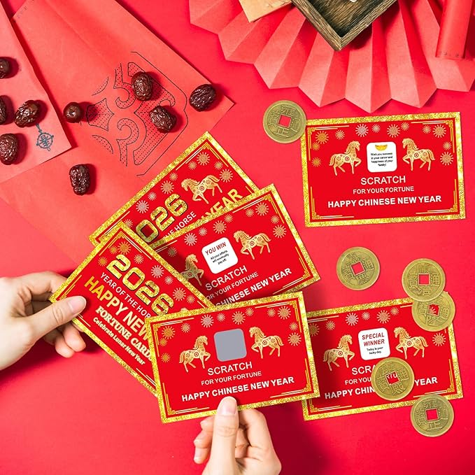 24 Counts Chinese New Year 2026 Horse Theme Scratch Off Fortune Cards with 24 Fortune Coins, Lunar New Year Scratch Game Cards, Spring Festival Party Supplies for Presents Gifts
