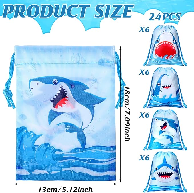 Capoda 24 Pcs Shark Party Drawstring Bags Summer Party Favors 7.09 x 5.12 Inches Shark Themed Birthday Decoration Ocean Animals Drawstring Bags Bulk for Candy Snack Treat Wrapping Summer Pool Supplies