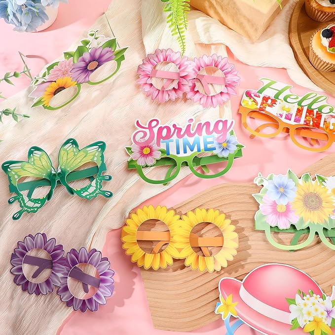 Pajean 32 Pack Spring Party Decorations Eyeglasses Springtime Themed Paper Glasses Supplies Flowers Butterflies Photo Booth Props Frame for Springtime Easter Tea Party Decoration Supplies