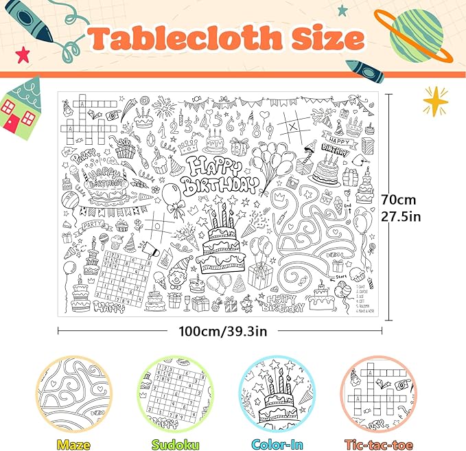 GWHOLE Happy Birthday Coloring Tablecloth, 40x28 Inch Coloring Poster Coloring Table Cloth for Kids Gift Birthday Parties, Classroom Activities