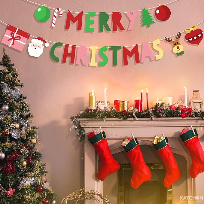 KatchOn, Colorful Merry Christmas Banner - 10 Feet, No DIY | Merry Christmas Decorations Outdoor, Indoor | Red Xmas Decorations | Hanging Garland Decoration for Home Wall Mantle Fireplace Party