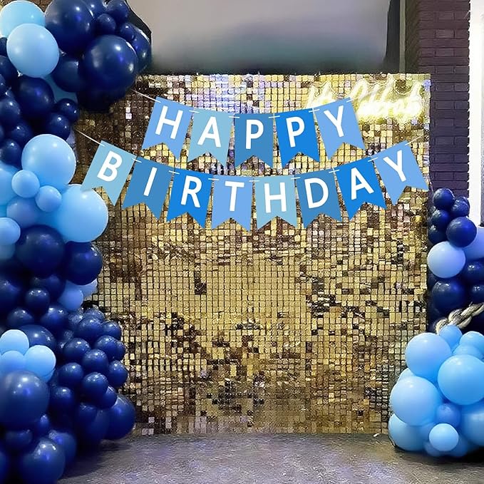 Happy Birthday Banner Sign, Birthday Garland Wall Door Hanging Banners Flag for Women Men Boys Girls Party Backdrop Decorations, Personalized Name Banner White Letters Blue and Light Blue