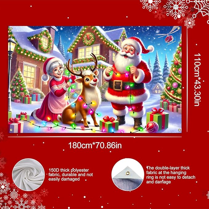 Santa Reindeer Christmas Banner 71x43 Inches Holiday House Backdrop Merry Christmas Decoration for Indoor Outdoor Winter Party Wall Porch Photo Display Festive Family Scene