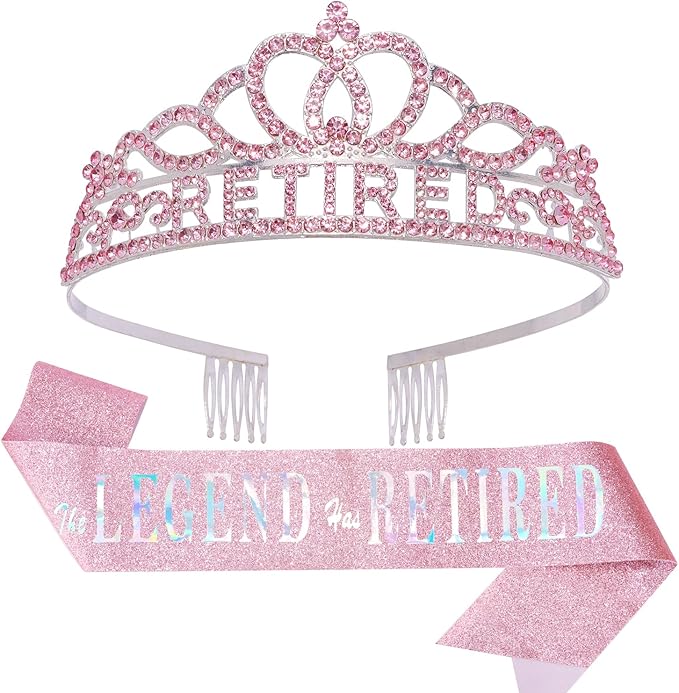 SuPoo Retirement Party Decorations Retired Sash for Women Pink Retired Tiara Crown Rhinestone Headband Retirement Gifts The Legend Has Retired Sash for Both Women and Men Party Supplies Favors