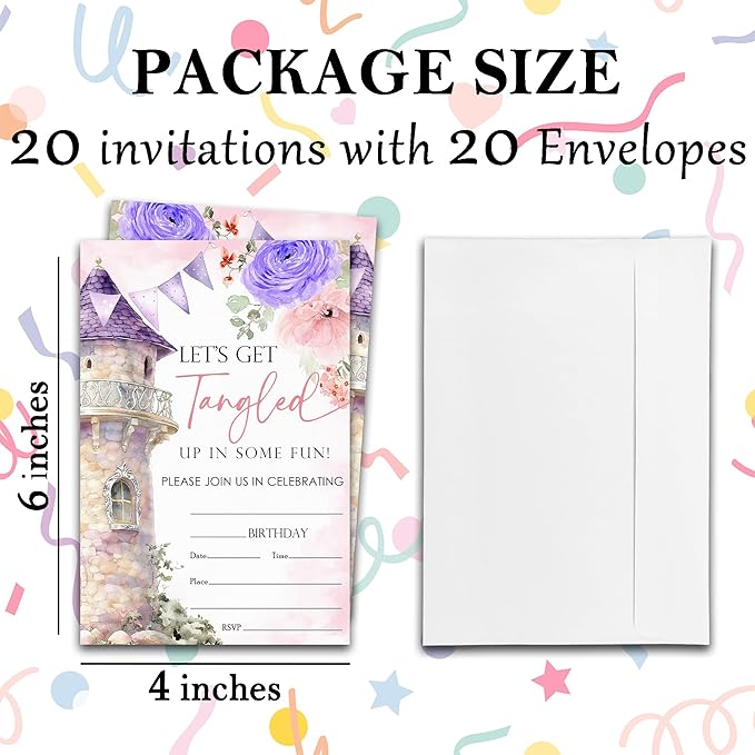 Castle Birthday Party Invitations - Let's Get Tangled Up In Some Fun - 20-Pack of 4''x6'' Invite Cards with Envelopes, Birthday Party Celebrate Supplies & Decoration For Teens Girls Boys - A09