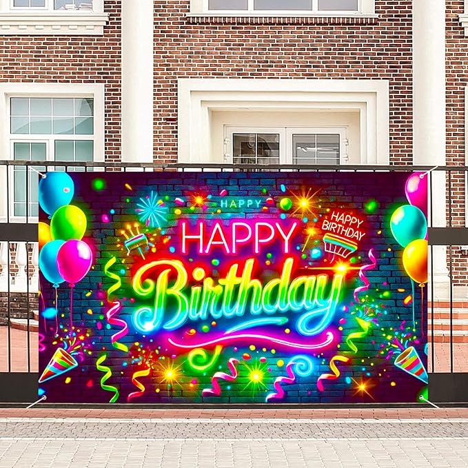 Nuxovilar Neon Birthday Banner - Brick Wall Fireworks Backdrop, 71x43 Inch Vibrant Yard Sign for Teens, Urban Party Decor