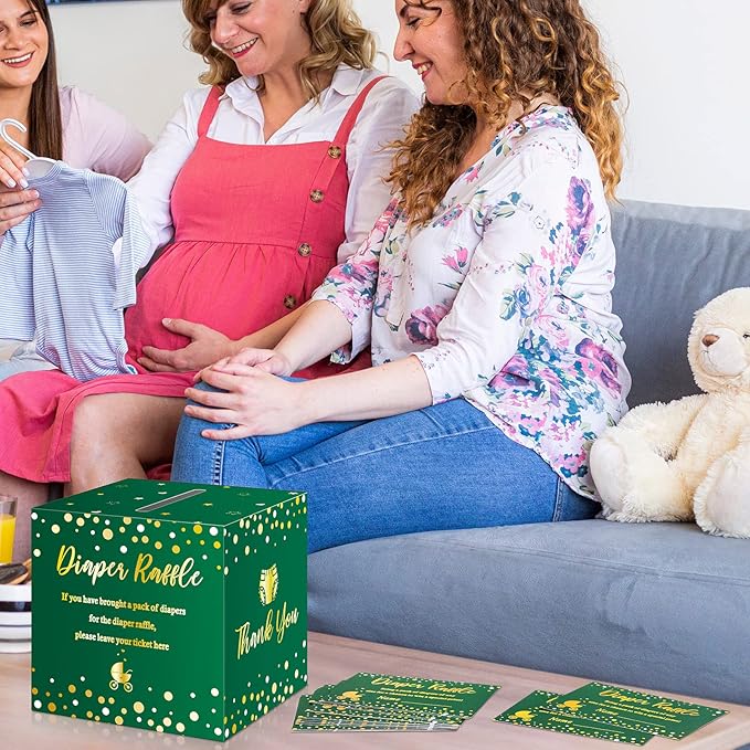 Funrous 51 Diaper Raffle Tickets with Box for Baby Shower Game Invitations Diaper Raffle Card for Gender Reveal Baby Shower Party Decoration Table Centerpiece(Green, Gold)