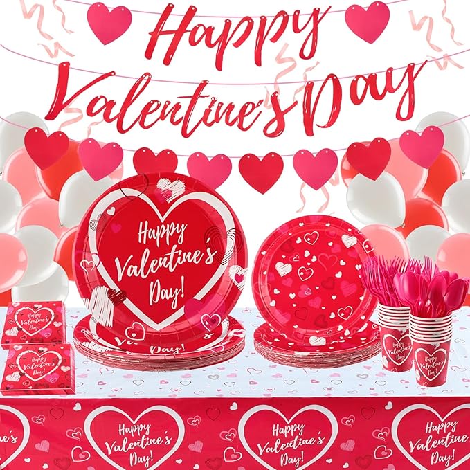 Jenaai 166 Pcs Happy Valentine's Day Party Supplies Valentine's Day Tableware Set Decorations Include Pink Love Banner Disposable Heart Plates Napkins Forks Cups Knives Spoons Balloons for Dinner
