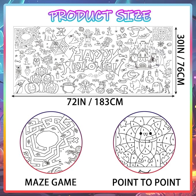 Halloween Giant Coloring Poster 30x72 Inch Versatile Paper Coloring Banner/Table Cover DIY Art Crafts Mat,for Kids Halloween Decor Large Coloring Activity Poster Home Classroom Wall Party Suppiles