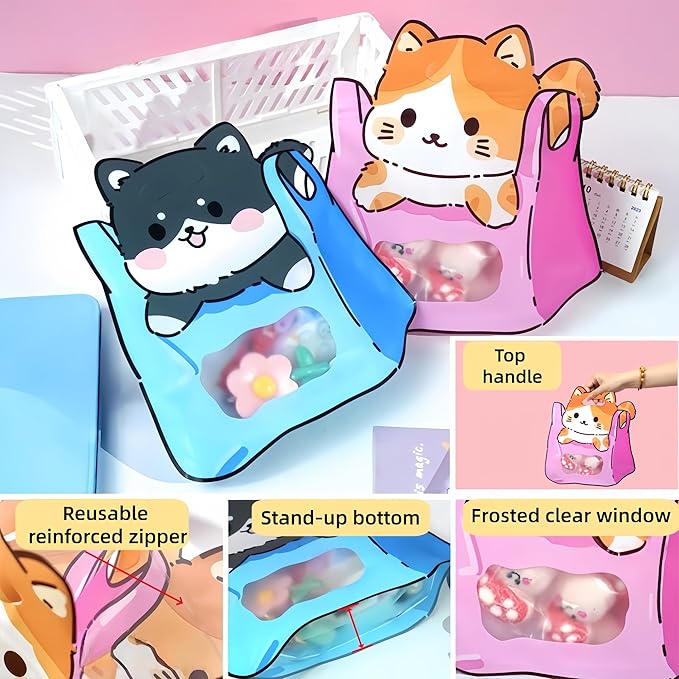 FERENLI 20 Pack Cartoon Gift Bags with Handle Clear Window Self Sealing Snacks Plastic Goodie Bags for Birthday Baby Shower Party Favor (9.8x10.2 inch, Mixed)