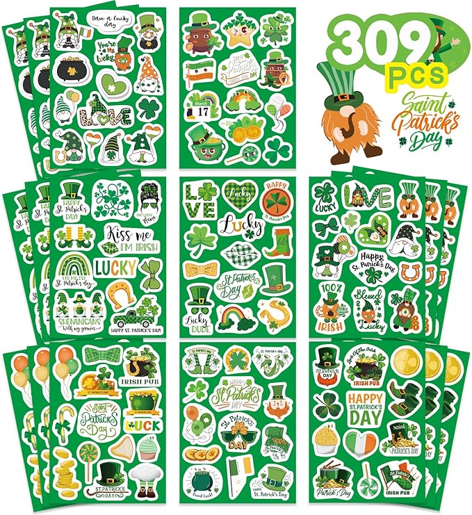 309PCS St. Patrick's Day Theme Stickers Shamrock Stickers for Kids Irish St. Patrick's Day Craft for Toddlers Teachers Classroom Home Favor Gift Supplies