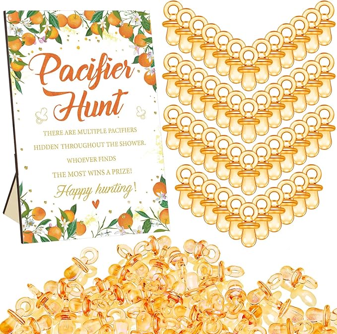 Thyle 51Pcs Little Cutie Pacifier Hunt Baby Shower Games Include Orange Hunt Sign and 50 Acrylic Pacifiers a Little Cutie Is on The Way Theme Baby Shower Game Decoration for Gender Reveal Party Decor