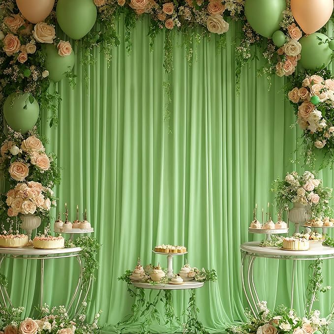 24x10FT Sage Green Backdrop Curtains for Wedding Parties, Wrinkle Free Polyester Photography Backdrop Drapes for Wedding Baby Shower Birthday Parties Stage Background Stand Decorations 4x10ft,6 Panels
