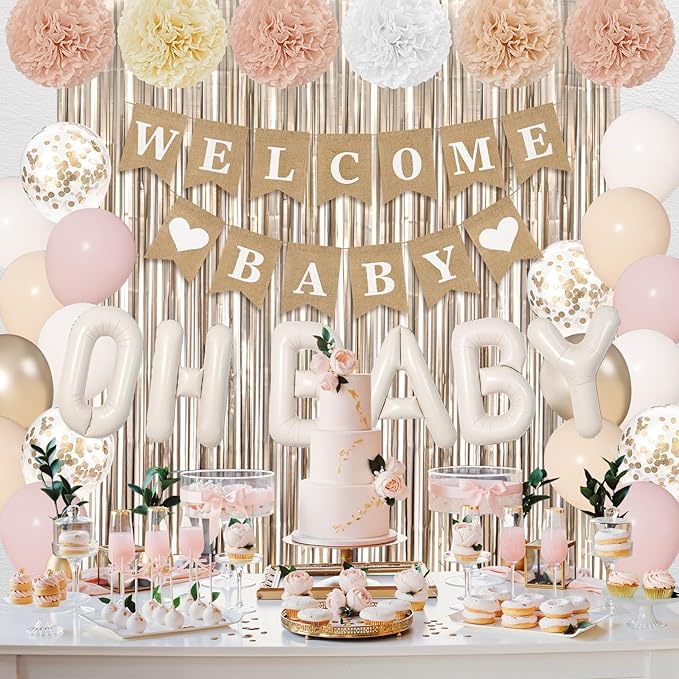 Ouddy Party Champagne Gold Boho Baby Shower Decorations for Girl with Welcome Baby Banner Dusty Pink White Nude Foil Balloons Fringe Curtain Paper Pom Poms for Baby Shower Gender Reveal Party Supplies