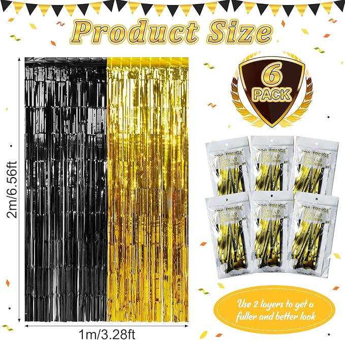 6Pack 3.3Ft x 6.6Ft Graduation Foil Fringe Curtain Backdrop Decorations, Black Gold Metallic Tinsel Foil Streamers Curtain Photo Booth Background for Graduation Prom Wedding Birthday Party Decorations