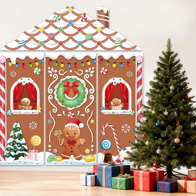 4pcs Gingerbread House Door Cover Decorations, Christmas Gingerbread Door Banner Backdrop for Christmas Holiday Party Decor, 110.24 * 98.43 in