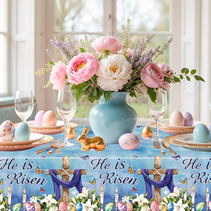 4 Pcs Easter Plastic Tablecloth, Religious He is Risen Tablecloths Rectangle Disposable Table Cover for Home Picnic Dinner Easter Party Decoration, 54 x 108 Inch