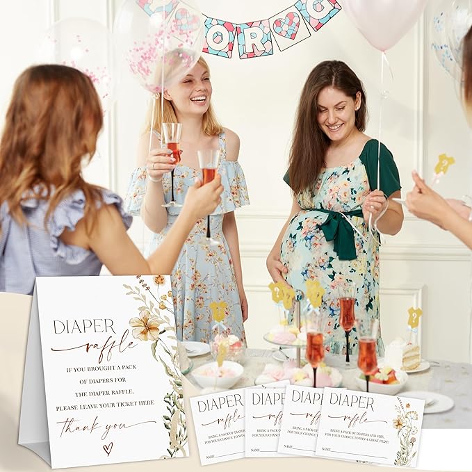 Boho Floral Diaper Raffle Game, Diaper Raffle Tickets for Baby Shower, Gender Neutral Tickets for Baby Shower Party Favor Decorations Supplies (1 Sign + 50 Cards)