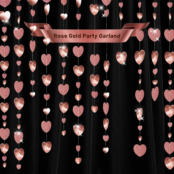 GCQQ 52Ft Rose Gold Heart Garland - Glitter Valentines Decorations 4 Packs Romantic Paper Heart Hanging Streamer for Bridal Shower Valentine's Day Party Backdrop Decorations