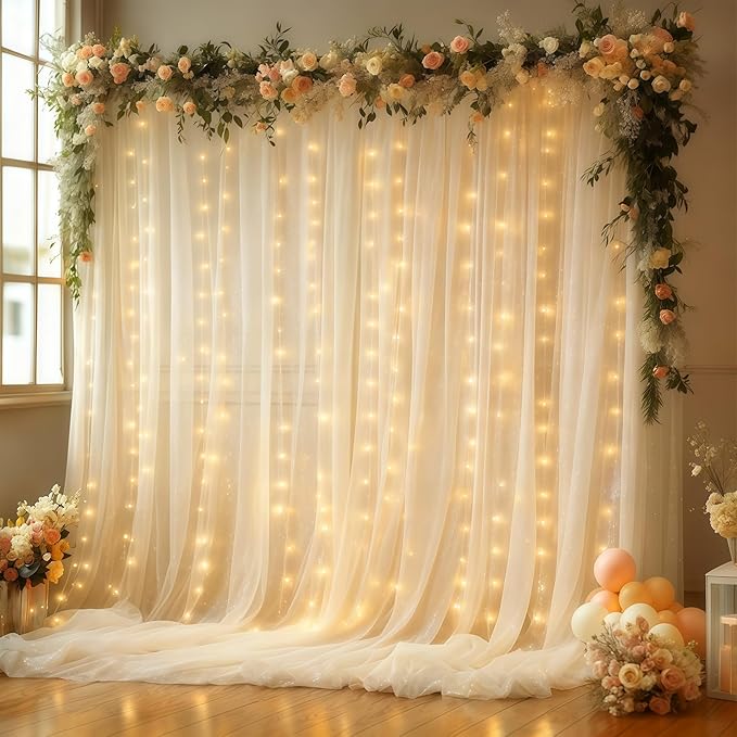 10x10FT Cream Wrinkle Free Backdrop Curtains with Lights String for Parties - Photo Curtain Backdrop with Lights for Wedding Decorations, Bridal Baby Shower Birthday Party Photography Background
