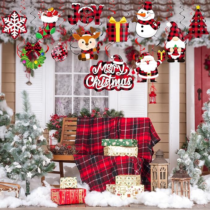 Sumind 30 Pcs Christmas Swirl Ceiling Hanging Decorations Set Xmas Holiday Snowman Elk Sign Hanging Foil Christmas Indoor Decorations for Ceiling Xmas Holiday Party Decor(Red, Black)