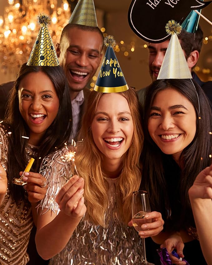 48 Pcs Happy New Year 2026 Party Hats – Gold NYE Cone Hats, Horns & Whistles Set for Adults & Kids, Black Gold New Year’s Eve Party Supplies Decorations