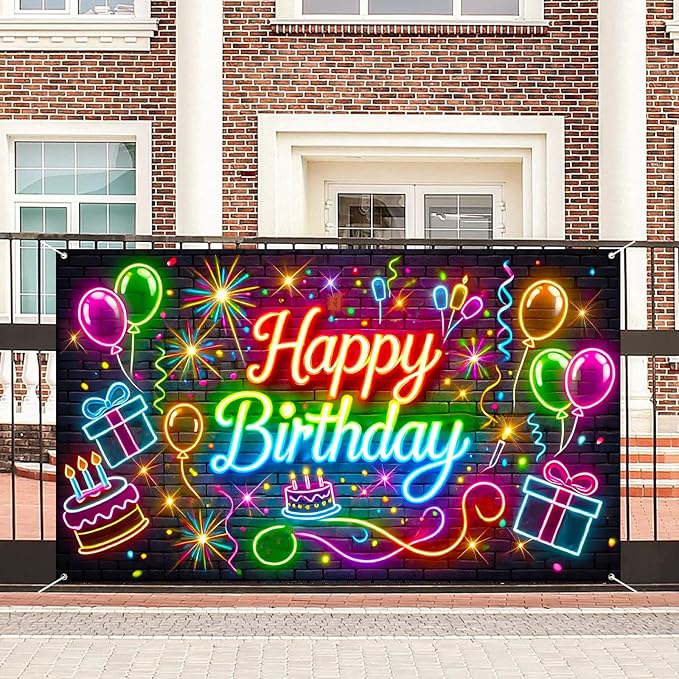 Nuxovilar Neon Brick Wall “Happy Birthday” Party Decor Banner, Colorful Streamers Pattern Backdrop for Birthday Celebrations, Yard Sign Background, 71x43 Inch