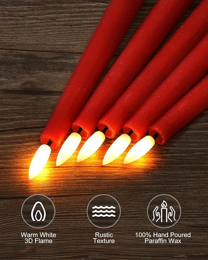 Red Real Wax LED Flameless Taper Candles with Remote and Timer, 9.65 Inch Flameless Candlesticks, Dripless Battery Operated Candles with 3D Flickering Flame - Set of 6
