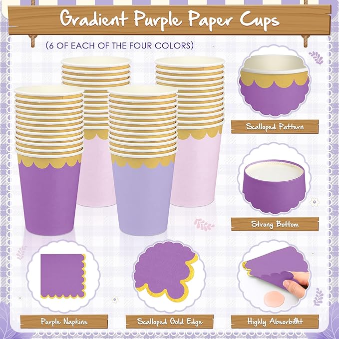 Mimorou 169 Pcs Purple Plates and Napkins Party Supplies for Guests Lavender Purple and Gold Tableware Include Scalloped Plates Paper Napkin Cup Spoon Fork Knife for Baby Shower, Wedding, Birthday