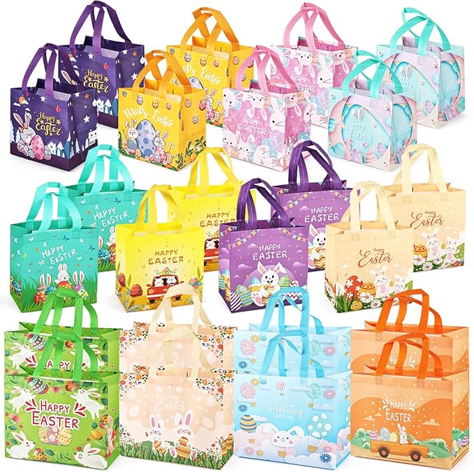 24PCS Happy Easter Egg Hunt Bags, Assorted Sizes Easter Bunny Carrot Chick Egg Gift Bags with Handles, Easter Treat Bags, Multifunctional Non-Woven Easter Bags for Gifts Wrapping, Egg Hunt Game,