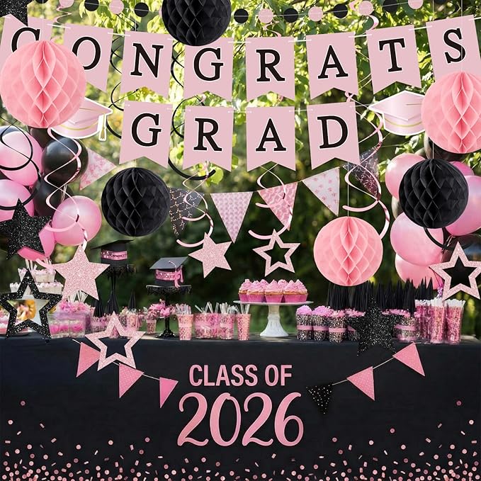 Congrats Grad Banner 2026 Graduation Decoration with Hanging Swirl Honeycomb Ball Circle Garland Grad Party Supplies for College Senior High School Classroom Decor (Pink and Black)