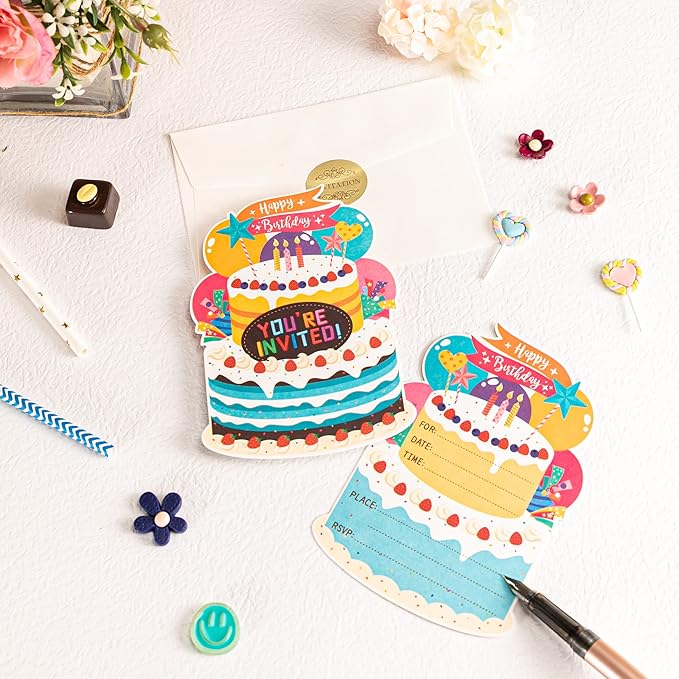 WISHGIFT 25Pcs/Set Birthday Party Cake Invitations with Envelopes, Kids Birthday Party Invitations, Perfect For Girls Boys Kids Birthday Party Celebration Decorations