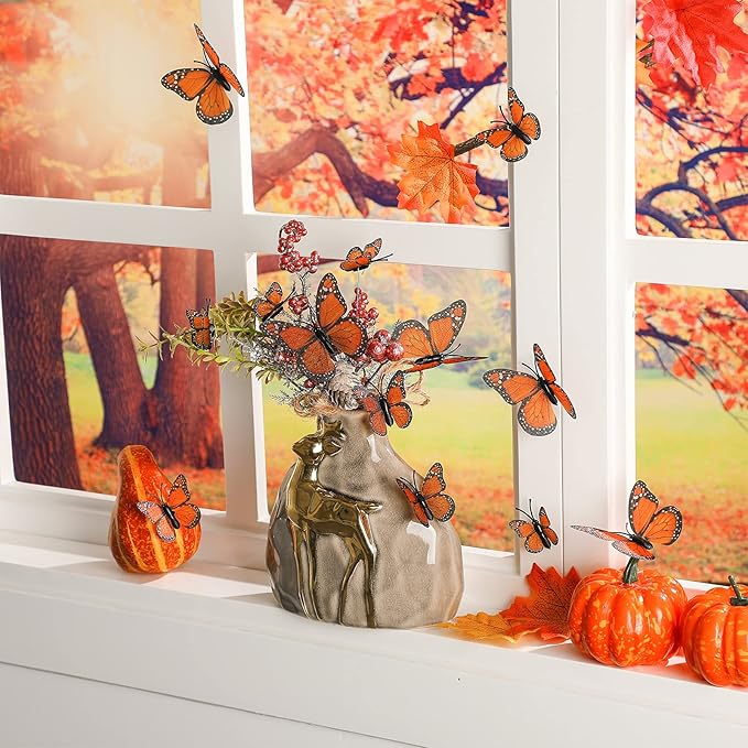 Waydress 24 Pieces Halloween Monarch Butterfly Decorations 3 Size Artificial Monarch Butterflies Wall Decor 3D Butterfly Wing Wall Art with Wire for Fall Wedding Home Bedroom Decorations(Orange)