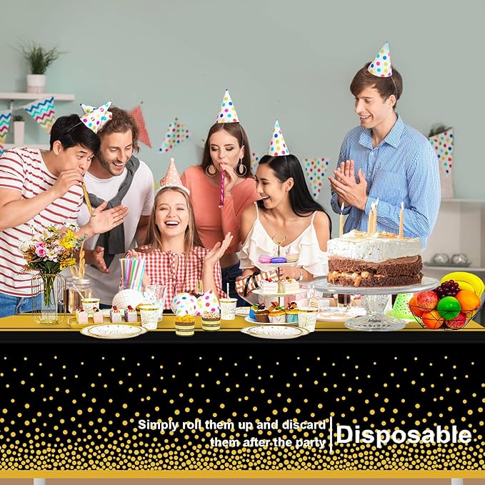 12 Pack Black and Gold Tablecloth Party Decorations Plastic Black Tablecloth Printed Gold Table Runner 54 x108 Inch Disposable Rectangle Table Cover for Birthday Wedding Graduation