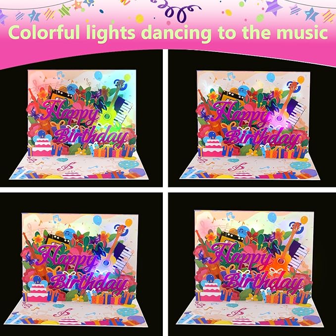 Musical Birthday Pop Up Card with Lights Sound, 3D Guitars Violins Happy Birthday Greeting Card - Plays 'Happy Birthday' Song, Auto LED Light Up, Includes Envelope Blank Note - Gift for Musicians and Music Lover