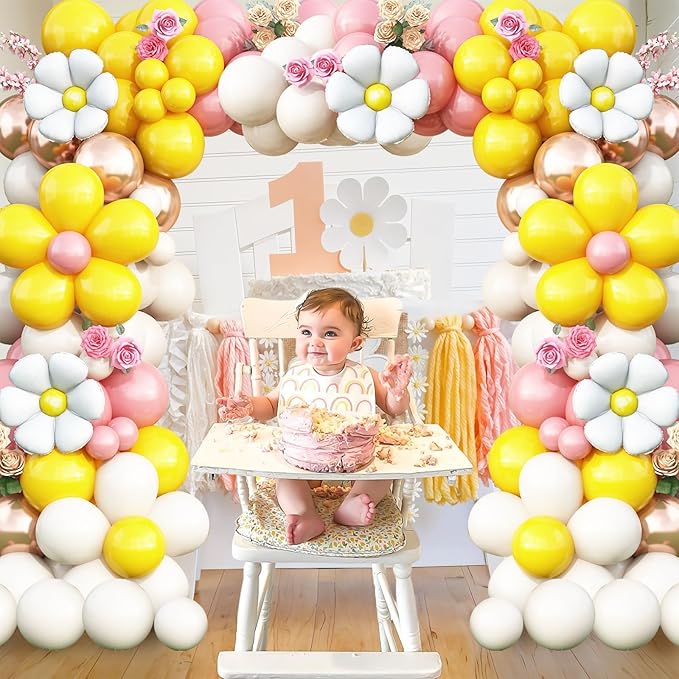 Daisy Balloon Garland Arch Kit,Retro Yellow Pink White Gold Hippie Boho Balloons Garland Daisy Flower Balloons For Birthday Baby Shower Bridal Wedding Groovy Daisy Party Decorations
