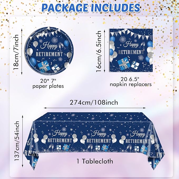 41PCS Retirement Party Decorations Blue Silver Happy Retirement Decorations for Men Women Include Paper Plates Napkins Tablecloth Set for Men Woman Farewell Party Tableware ,Serves 20