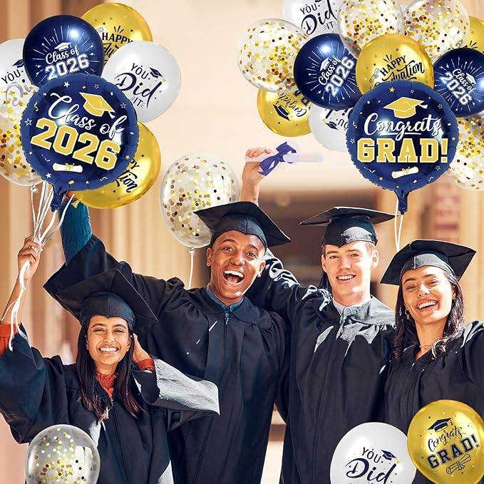 Navy Blue and Gold Graduation Balloons Graduation Decorations 2026, 51Pcs Grad Latex Balloons and Grad Foil Balloon with Confetti Ribbons Grad Party Decorations for College High School